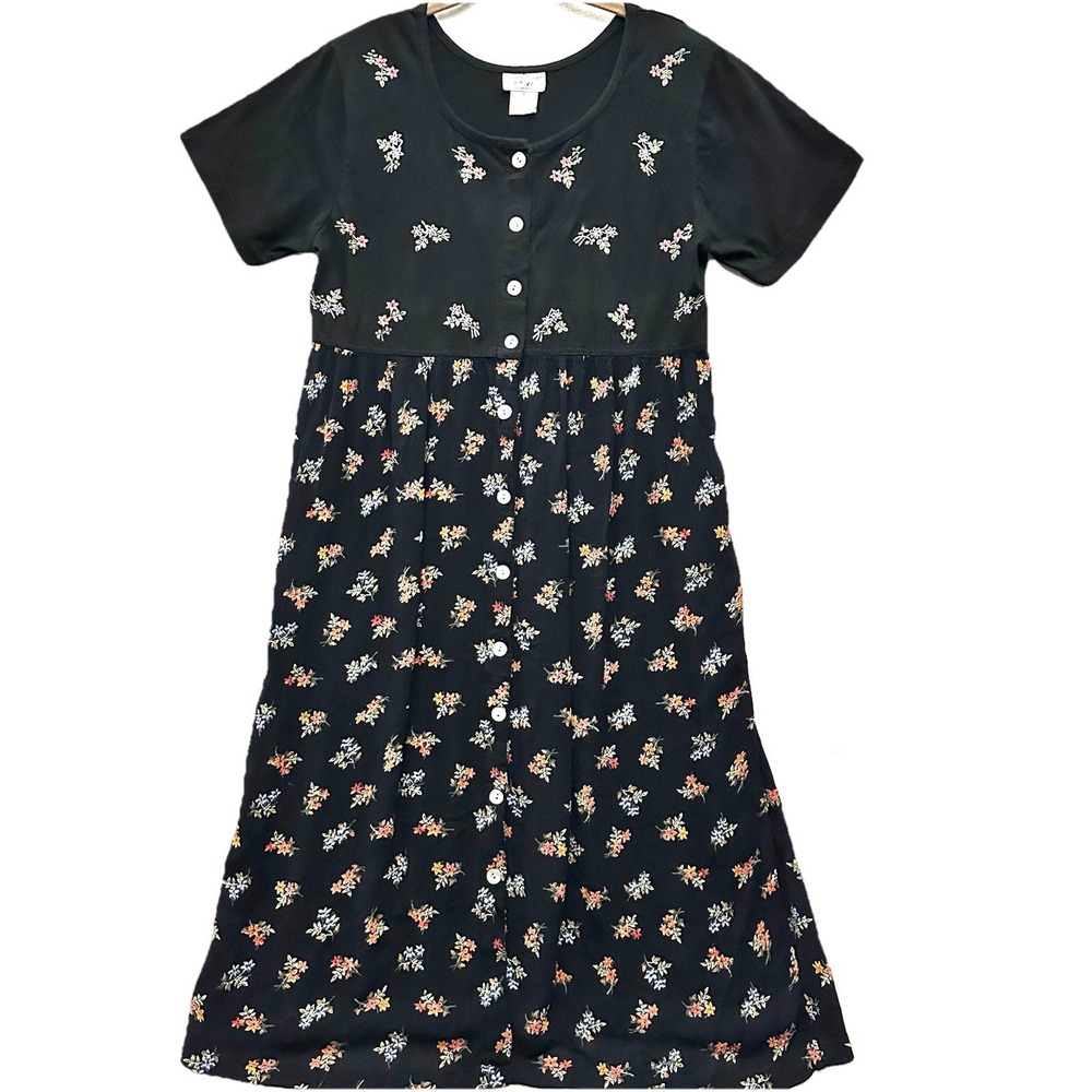 Vtg Amanda Stewart Floral Cotton Midi-Maxi Button Front Dress Modest 90s Cottage